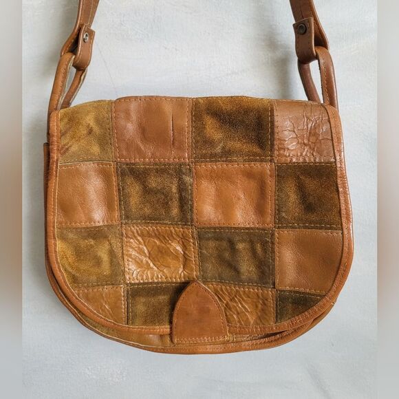 Vintage Leather Suede Patchwork Quilt Style Shoulder Bag 10 x 9 - Picture 11 of 11